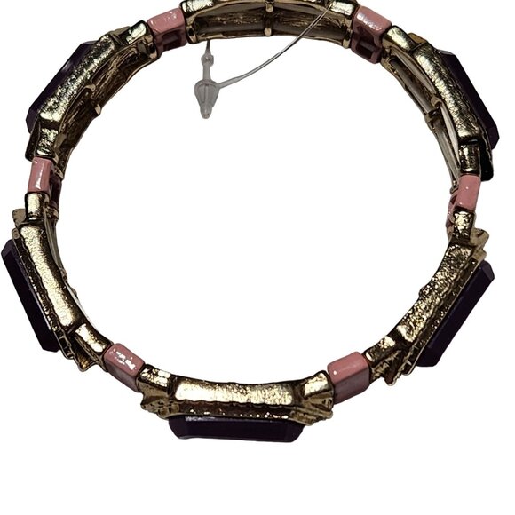 Art Deco Purple Pink Resin Stones Gold Tone Stretch Bracelet Modern Fashion - Picture 2 of 6